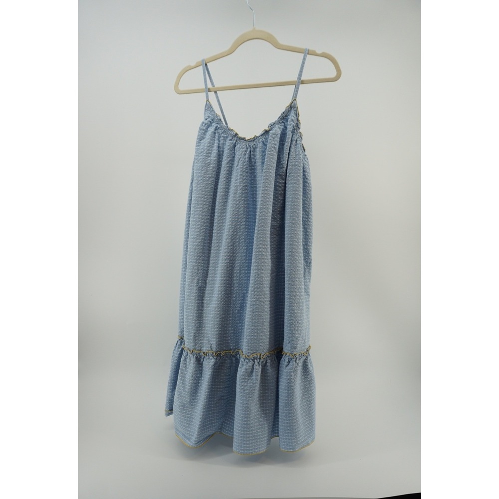 Seersucker Gingham Ruffle Midi Dress‎ breezy Coastal Cottagecore Blue XL